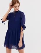 Asos Design Pleated Trapeze Mini Dress With Tie Sleeves - Navy