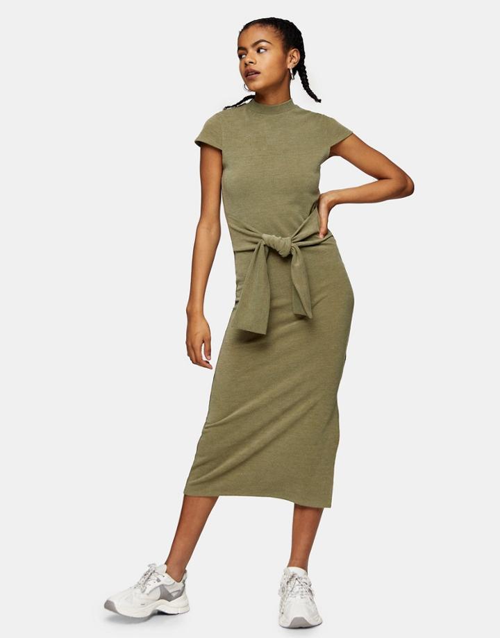 Topshop Tie Waist Midi Dress In Khaki-green
