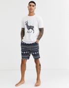 Asos Design Christmas Lounge Pyjama Shorts And Tshirt Set With Fairisle Stag Print-navy