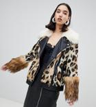River Island Studio Faux Fur Aviator Jacket In Animal Print - Beige