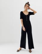 Asos Design Short Sleeve Rib Button Front Jumpsuit-black