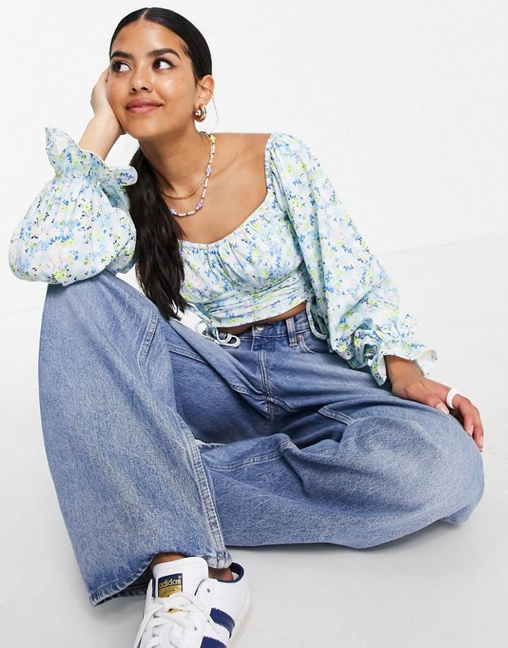 Asos Design Off Shoulder Top In Gingham Ditsy Print-blues