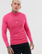 Asos Design Cotton Turtleneck Sweater In Neon Pink - Pink