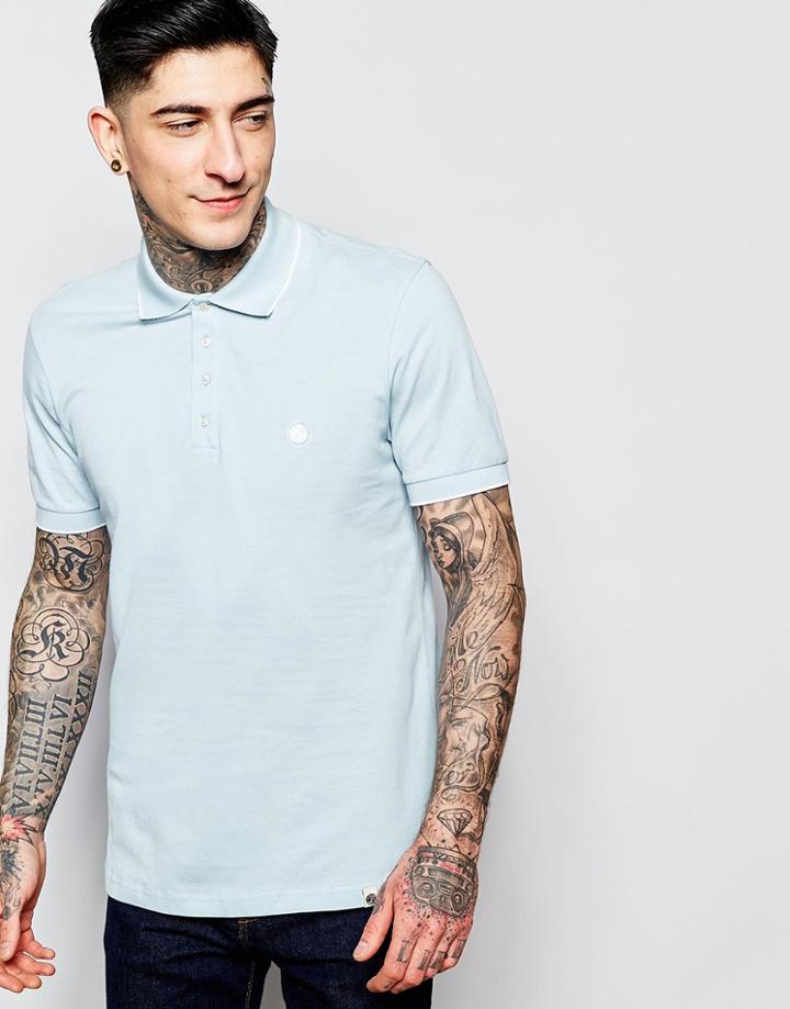 Pretty Green Polo In Slim Fit With Stripe Under Collar In Sky Blue - Sky Blue