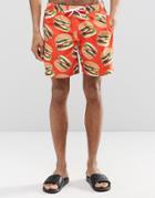 Asos Swim Shorts With Burger Print In Mid Length - Orange