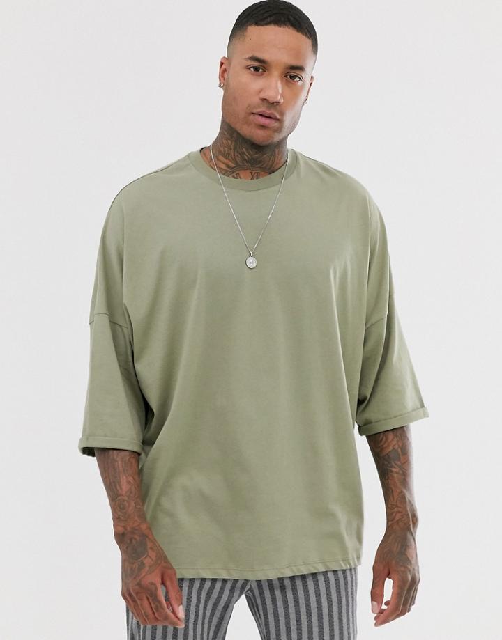 Asos Design Extreme Oversized Longline T-shirt With Roll Sleeve In Green