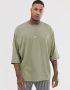 Asos Design Extreme Oversized Longline T-shirt With Roll Sleeve In Green