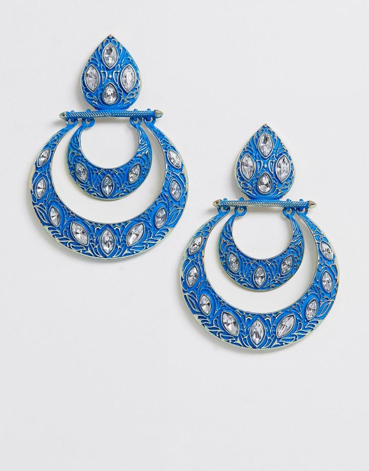 Asos Design Earrings With Colored Metal And Studded Jewels-blue