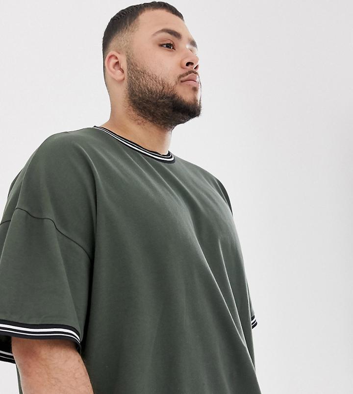 Asos Design Plus Pique Oversized T-shirt With Contrast Tipping In Khaki-green