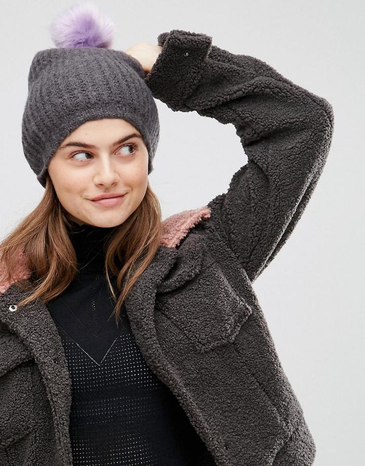 Boardmans Beanie Hat With Faux Fur Pom Pom - Gray