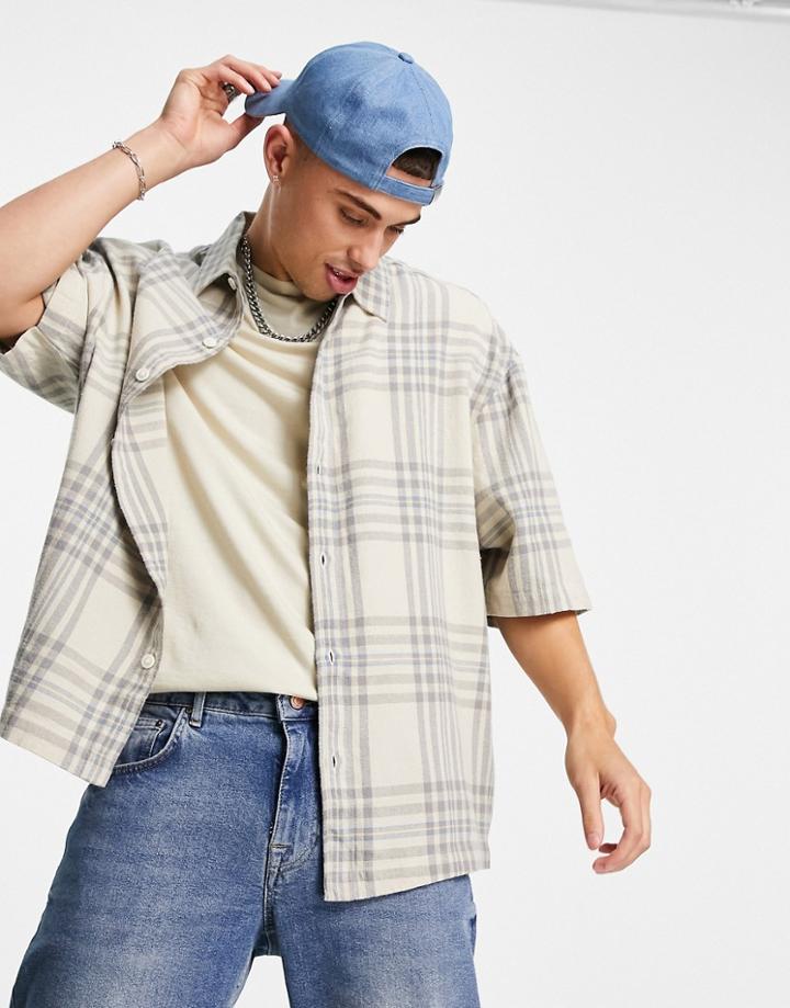 River Island Boxy Plaid Shirt In Ecru-neutral