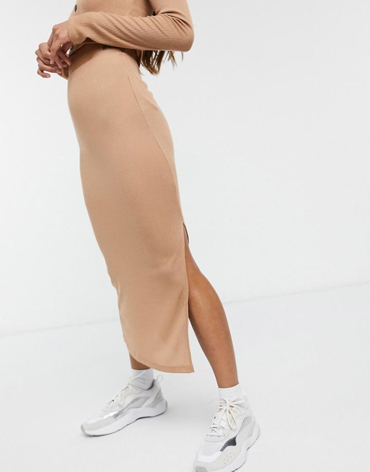 Asos Design Matching Midi Skirt With Side Slit In Tan Rib-brown