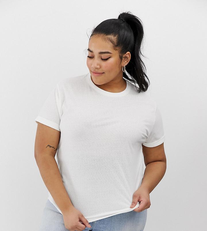 Asos Design Curve T-shirt With Roll Sleeve In Linen In White - White