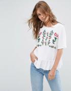 Asos Ruffle Hem Tee With Embroidery - White