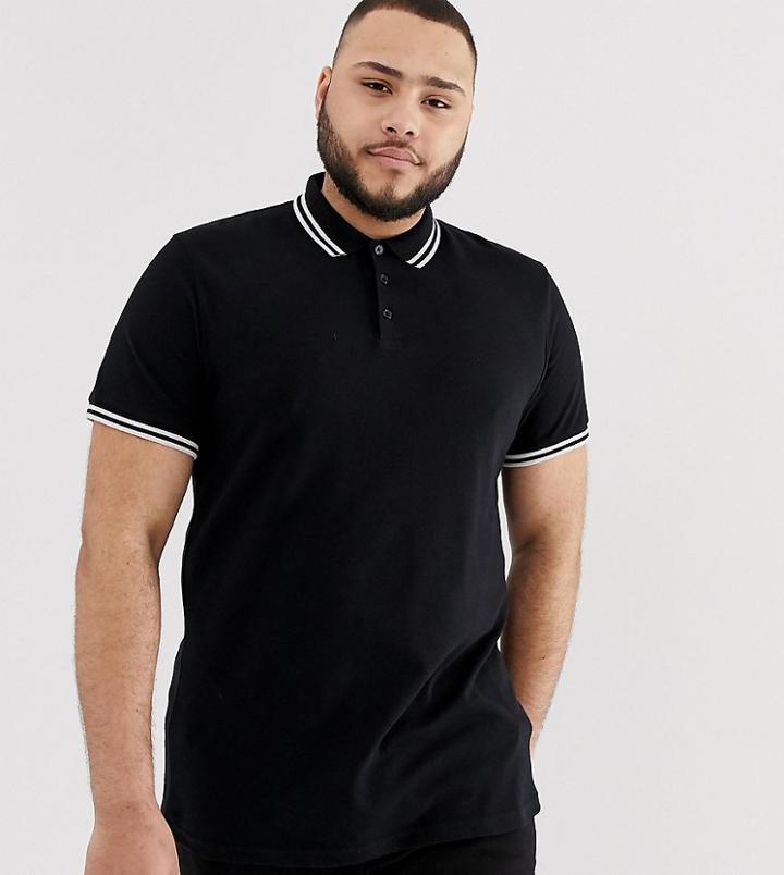 Asos Design Plus Pique Polo Shirt With Tipping In Black - Black
