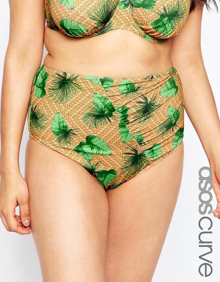 Asos Curve Wicker Palm Print Highwaist Bikini Bottom With Wrapped Front And Support - Wicker Palm