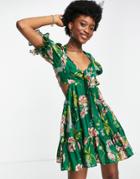 Asos Design Tie Front Mini Dress In Textured Voile In Art Noveau Floral-multi