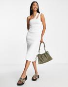 Asos Design Ribbed Midi Dress With Cut Out One Shoulder In White