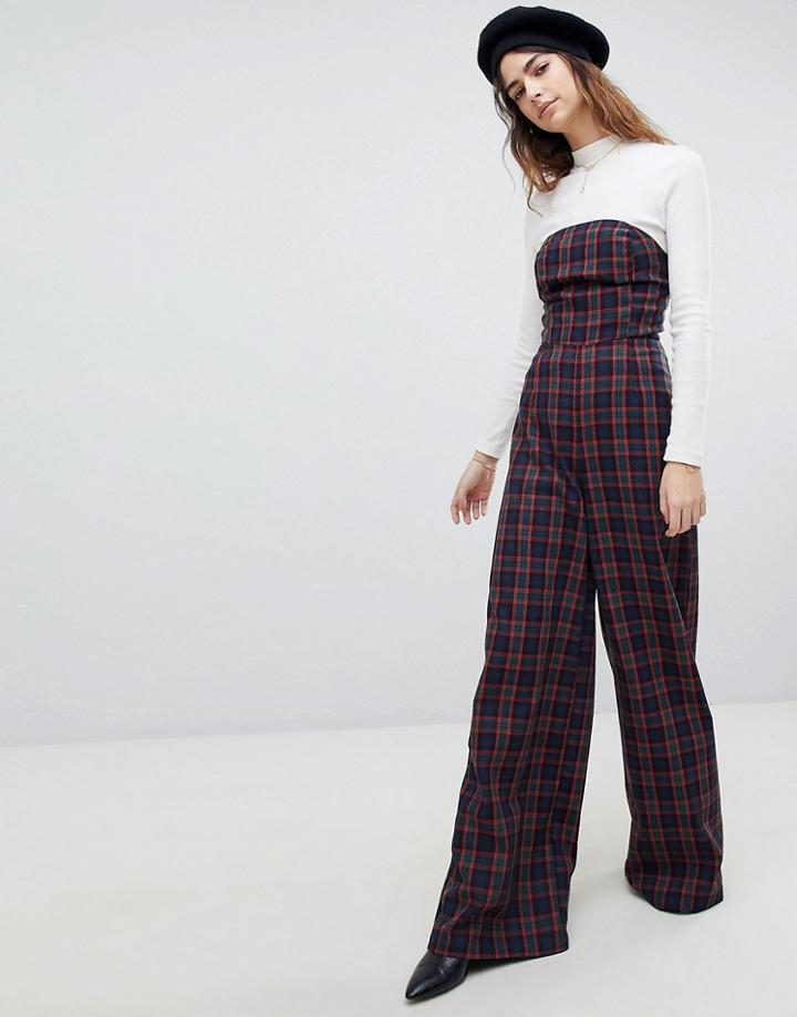 Unique 21 Strapless Wide Leg Jumpsuit In Plaid - Multi
