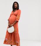 Asos Design Maternity Plunge Neck Maxi Dress With Border Embroidery-pink