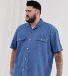 Asos Design Plus Oversized Denim Shirt In Mid Wash With Double Pockets & Revere Collar-blue