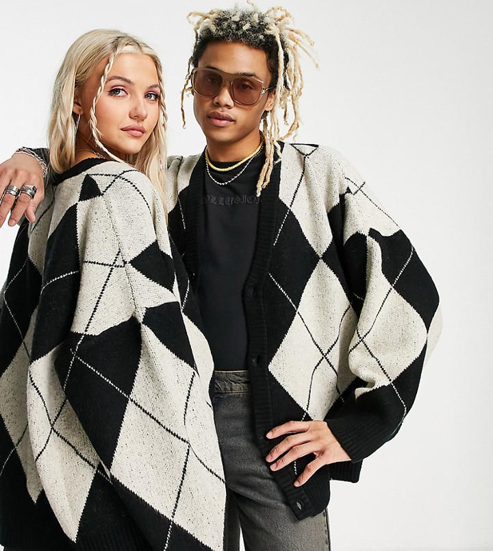 Collusion Unisex Argyle Cardigan In Black And Ecru-multi