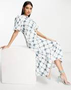Vero Moda Aware High Neck Tea Dress In Blue And Cream Floral-multi