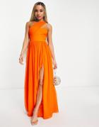 Yaura Wrap Over Shoulder Pleated Maxi Dress In Orange