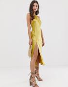 Asos Design Midi Dress With Halter Neck Detail In High Shine Satin - Brown