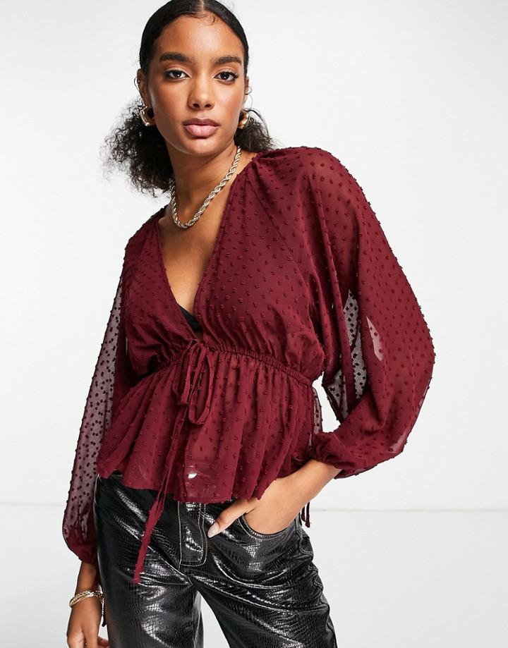 Asos Design Tie Front Textured Blouse In Berry