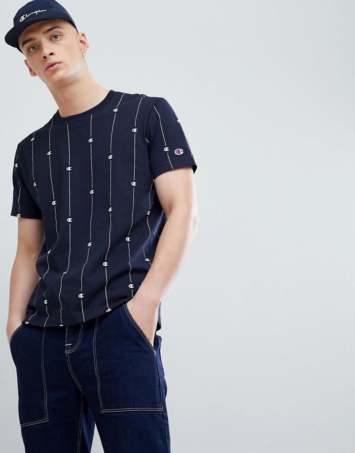 Champion T-shirt With Stripe Logo Print In Navy - Navy
