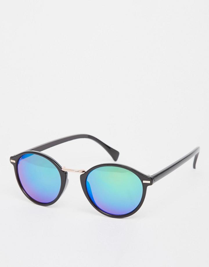 Asos Fine Frame Round Sunglasses With Flash Lens - Black