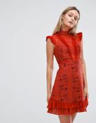 Three Floor High Neck Mini Dress With Ruffle Detail - Red