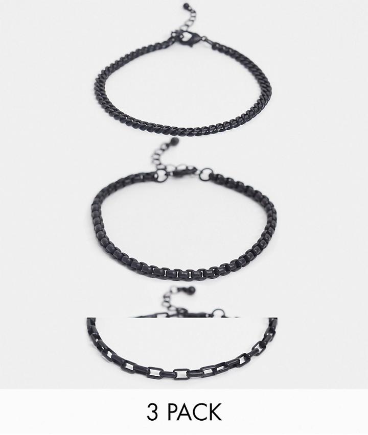 Asos Design Slim 4mm Chain Bracelet Pack In Black