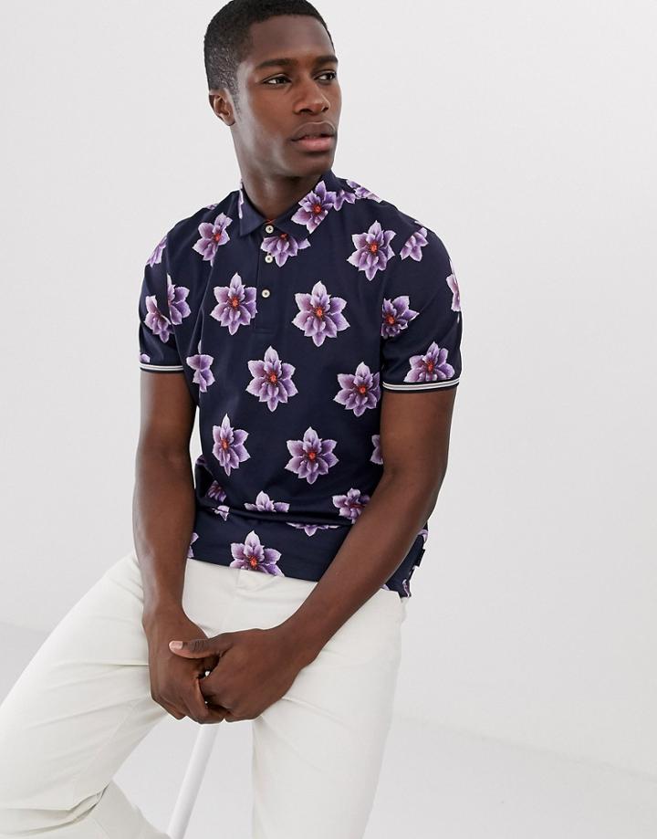 Ted Baker Polo Shirt With Hawaiian Floral Print-navy