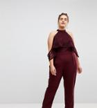 Asos Curve High Neck Lace Top Jumpsuit With Contrast Binding - Red