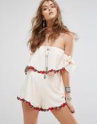 Kiss The Sky Off Shoulder Romper With Tie Sleeves And Embroidered Rose Trim - Cream