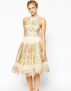 Chi Chi London Premium Metallic Lace Midi Prom Dress With High Neck