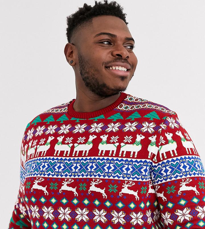 Asos Design Plus Christmas Sweater In Llama Design-red