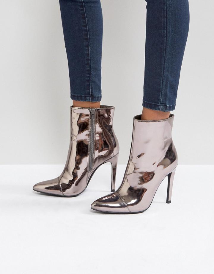 London Rebel Stiletto Heel Pointed Ankle Boot With Silver Zip - Gray