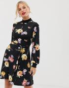 Oasis Swing Dress With High Neck In Floral Print - Black