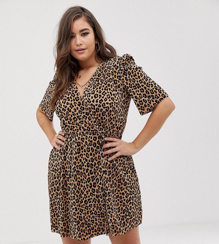 Asos Design Curve Leopard Print Plisse Mini Dress With Button Detail - Multi