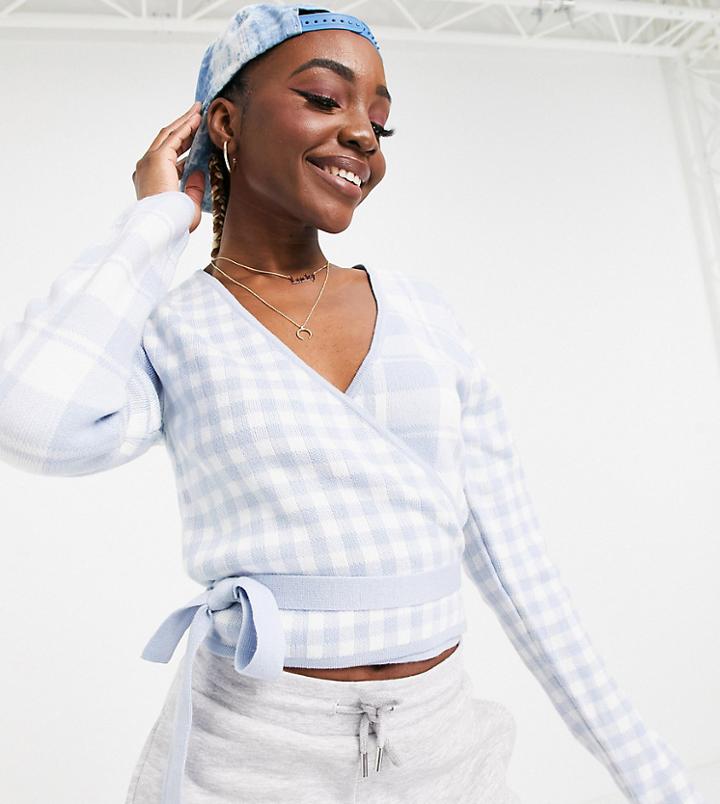 Asos Design Tall Knitted Wrap Top In Gingham-multi