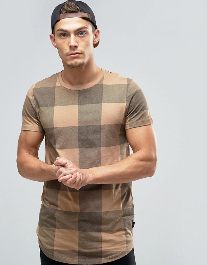 Jack & Jones Longline T-shirt With Curved Hem In Check Print - Orange