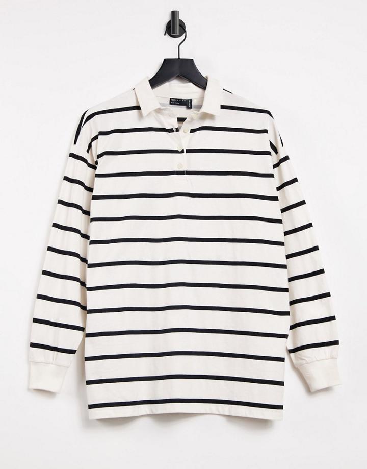 Asos Design Oversized Polo T-shirt In Ecru And Black Stripe-white