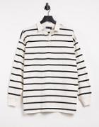 Asos Design Oversized Polo T-shirt In Ecru And Black Stripe-white