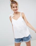 Asos Swing Tank With Tie Shoulder In Broderie - White