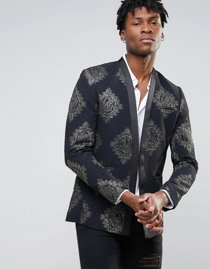 Asos Super Skinny Blazer With Metallic Jaquard Design - Black