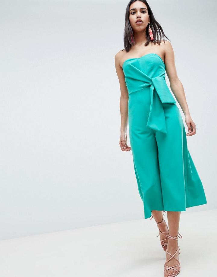 Asos Design Bandeau Jumpsuit With Tie Detail And Culotte Leg - Blue
