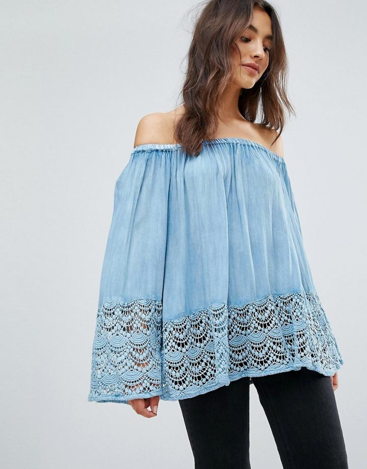 Qed London Bardot Lace Hem Top - Blue